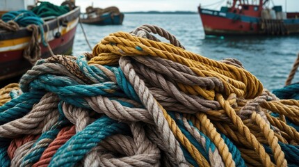 Fototapeta premium Vibrant collection of heavy-duty ropes intertwined at a picturesque fishing harbor with boats in the background under a clear sky.