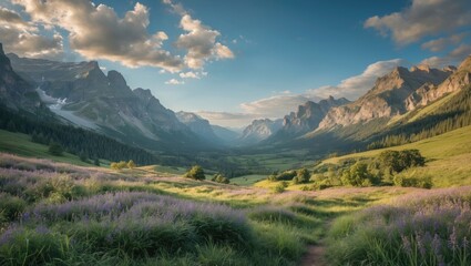 Obraz premium Serene Mountain Landscape with Lush Green Valley and Vibrant Wildflowers Under a Blue Sky for Text Placement and Nature-inspired Themes