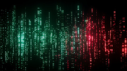 Fototapeta premium Digital Metropolis Data Streams in Binary Code Green and Red Abstract Futuristic Cyberpunk Cityscape