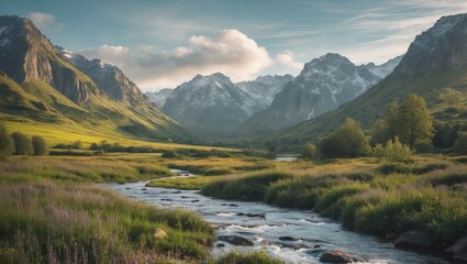 Serene Mountain Landscape with Flowing Stream and Lush Greenery Ideal for Adding Text or Overlays in Nature Themes