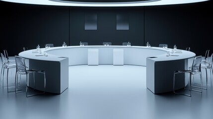 High-end business conference arrangement with top-tier audiovisual equipment and sleek furniture.