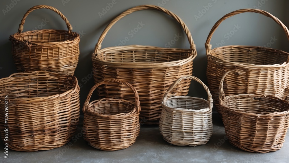 Poster wicker baskets of various sizes on a neutral background with space for text or design elements