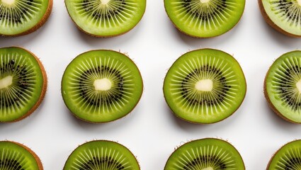 Fototapeta premium Sliced Kiwi Circles Arranged on White Background with Space for Text or Design Elements