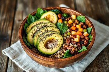 Nourishing Mediterranean-Inspired Grain Bowl with Fresh Avocado, Citrus, and Garden Greens on Artisanal Wooden Serving Platter