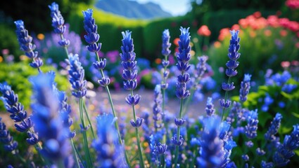 Fototapeta premium Blue lavender flowers in vibrant garden setting with summer colors creating a tranquil atmosphere and space for decorative text or captions.