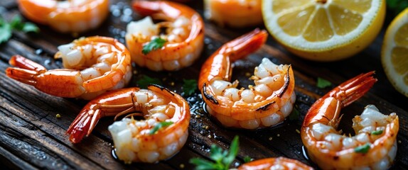 Grilled succulent shrimps with fresh lemon slices on a rustic wooden board perfect for culinary promotions or seafood menus.