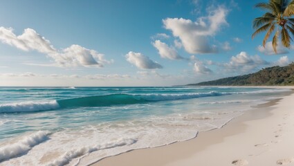 Fototapeta premium Tranquil Ocean Waves and Pristine White Sand Beach with Lush Greenery Under a Bright Blue Sky and Ample Copy Space for Text