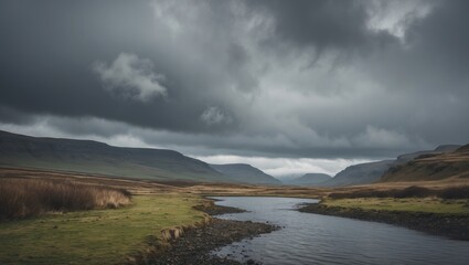 Quiraing Scenic Landscape Under Dramatic Cloudy Sky Featuring River and Rolling Hills in Isle of Skye Scotland