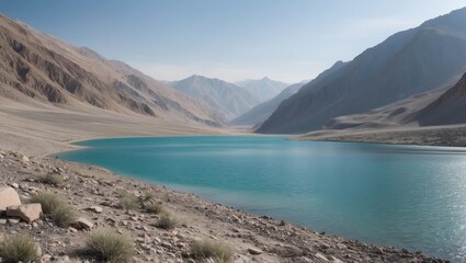 Fototapeta premium Serene Nubra Valley Landscape Featuring Pristine Lake Surrounded by Majestic Mountains and Clear Blue Sky Ideal for Nature Photography