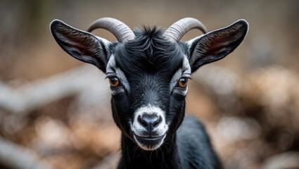 Fototapeta premium Silly black goat with expressive eyes and playful demeanor in a farm setting, capturing the charm and humor of farm animals.