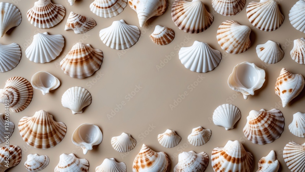 Poster seashell pattern background in beige and white with ample space for text or graphic design elements