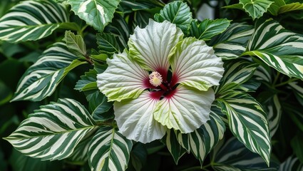 Variegated Hibiscus tiliaceus leaves with lush green and white patterns surrounding a striking large flower in vibrant colors.