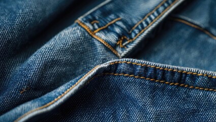 Naklejka premium Denim fabric close-up showcasing texture and stitching detail ideal for fashion, textile design, or clothing industry projects.
