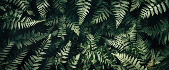 Dense Green Fern Leaves Texture Background in Forest with Sunlight and Empty Space for Text. Nature Abstract Garden Landscape.