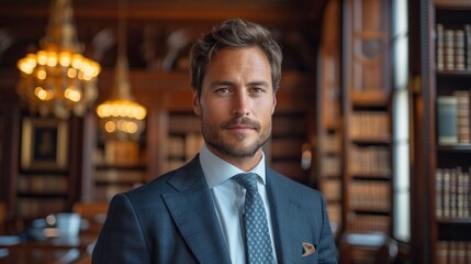 Effective defense: photo of attorney, 30 years old, athletic build, in a lawyer's office, emphasizes reliability and style