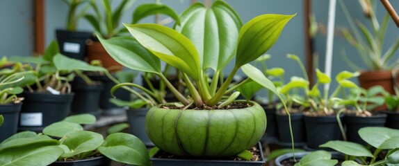 Obraz premium Unique Nepenthes Mirabilis Carnivorous Plant in Greenhouse with Lush Foliage and Growing Companions in Well-Organized Pots