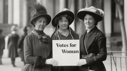 Votes for Woman Historic black and white image of three women advocating for women's right to vote