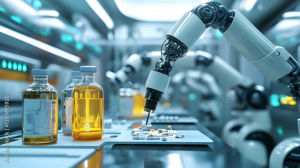 Poster futuristic robot in a high-tech laboratory setting, precisely dispensing liquid from bottles into sm