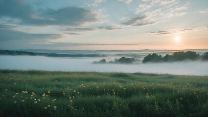 Fototapeta premium Serene summer landscape at sunrise with light fog and cloudy sky over lush green fields featuring wildflowers and empty space for text.