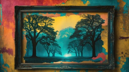 Silhouetted trees in a vintage frame surrounded by vibrant grunge textures creating a striking artistic composition.