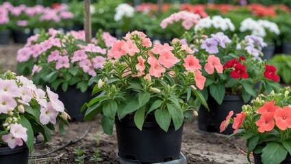 Impatiens Flower Plants in Nursery Showcasing Vibrant Colors Low Maintenance Attractive to Pollinators Ideal for Gardeners and Landscapers