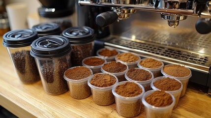 Coffee beans and grounds preparation in cafe