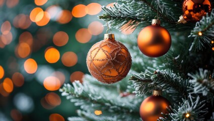 Christmas tree adorned with orange ball ornaments showcasing a vibrant bokeh background creating a festive holiday atmosphere.