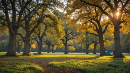 Autumn forest scene with golden trees and dappled sunlight creating a serene natural landscape perfect for outdoor inspiration.