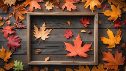 Autumn leaves arranged around a wooden frame on a rustic table creating a warm seasonal atmosphere ideal for festive gift presentations.
