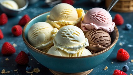 Colorful Ice Cream Scoops in Bowl with Fresh Berries on Table Gourmet Dessert with Variety of Flavors and Textures Perfect for Summer Treats