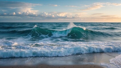 Tranquil Ocean Waves at Sunset Reflecting on Sandy Beach Shoreline