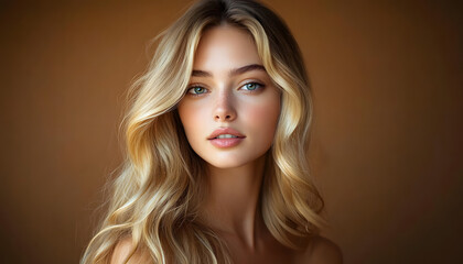 Naklejka premium Close-up portrait of a young woman with long, soft blonde hair and calm expression, set against a warm brown background.