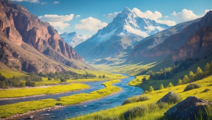 Fototapeta premium Serene River Valley Landscape with Majestic Mountain Peak and Lush Greenery Under Clear Blue Sky