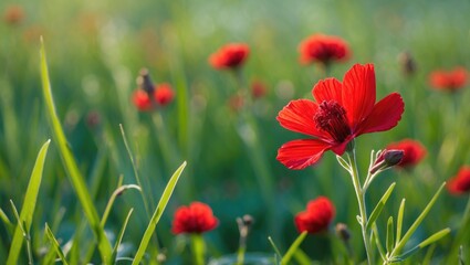 Fototapeta premium Close-up of a vibrant red flower amidst lush green grass in a sunlit meadow showcasing natural beauty and tranquility.