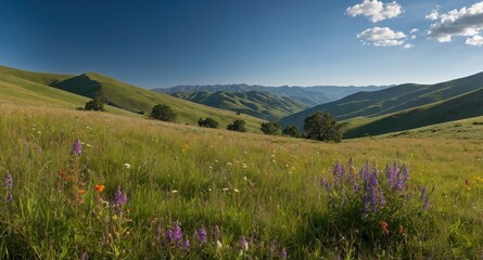 Obraz premium Vibrant Mountain Meadow Landscape with Wildflowers Under Clear Blue Sky and Copy Space for Text in Scenic Nature Background
