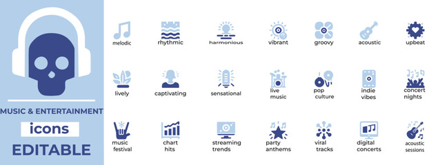 Dynamic Music and Entertainment vector sets editable icons for concerts, media, events and branding. Perfect for creatives