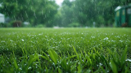 Lush green grass in a tranquil lawn during a rainy season with soft shoots glistening in the rainfall creating a serene natural background.