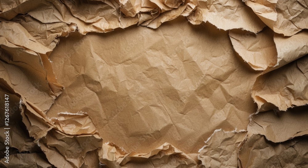 Poster crumpled textured paper background with torn edges creating a frame for customizable text or images.