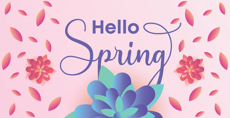 Hello spring web banner greeting card background. Spring season background with colorful flowers and modern trendy design. Spring text with bloom flowers for holiday season celebration template