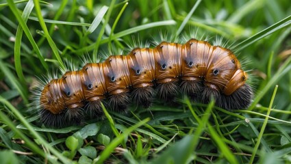 Fototapeta premium Hairy Brown Caterpillar Crawling on Fresh Green Grass in Natural Habitat