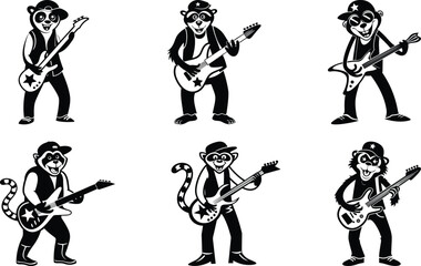 Cute funny and smiling lemur playing an electric guitar vector illustration set, lemur playing an electric guitar silhouette, lemur playing an electric guitar line art vector