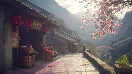 Obraz premium Cherry blossom petals adorn a mountain village street, shadowed shopfronts illuminated by lanterns beneath the rising sun.