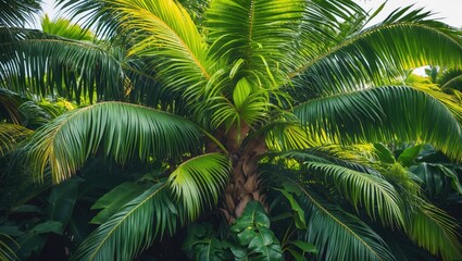 Fototapeta premium Lush Green Tropical Palm Trees Foliage in a Vibrant Natural Setting for Relaxation and Tropical Vibe
