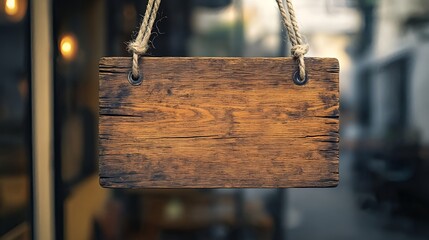 old blank wooden opening or sales sign hanging below with empty space for text on blurred shopping street