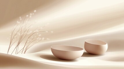 Two beige bowls on beige fabric with pampas grass.