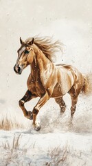 Majestic horse gallops through soft snow on a bright winter day in a serene landscape