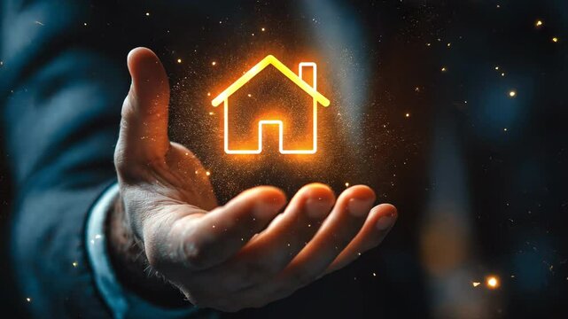 A businessman with a home sign in his palm and pointing to it with his hand against a dark blue background symbolizes the real estate concept.