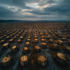 Fototapeta premium Deforestation Landscape with Clear-Cut Tree Stumps Under Cloudy Sky