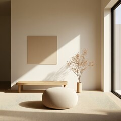beige interior with square canvas, stool, and light
