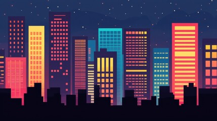 Fototapeta premium A vibrant city skyline at night, showcasing colorful, illuminated buildings against a starry backdrop.